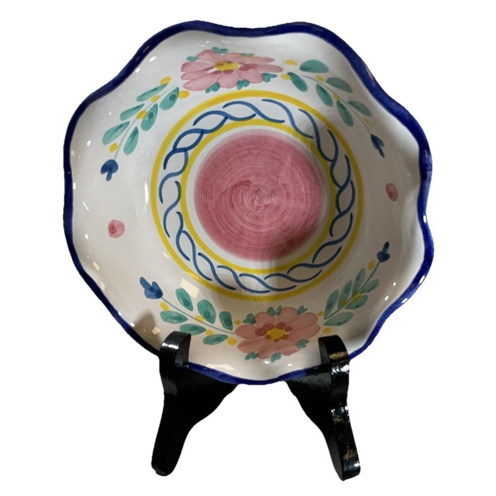 Jennifer Moore Italy Handpainted Ceramic Bowls Set/6 Floral Scalloped Blue Trim